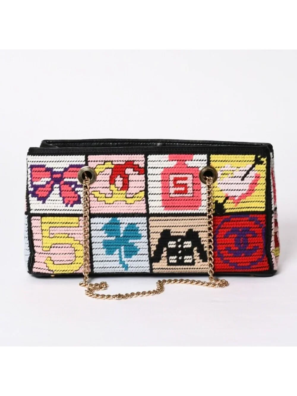 Chanel Icon Chain Bag CC Logo Wool Leather Multicolor Gold